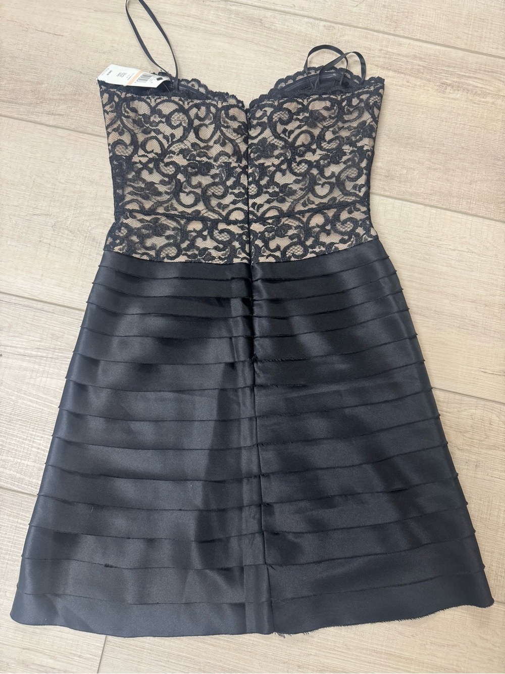BCBGMaxAzria Black Lace Strapless Pleated A-Line Dress